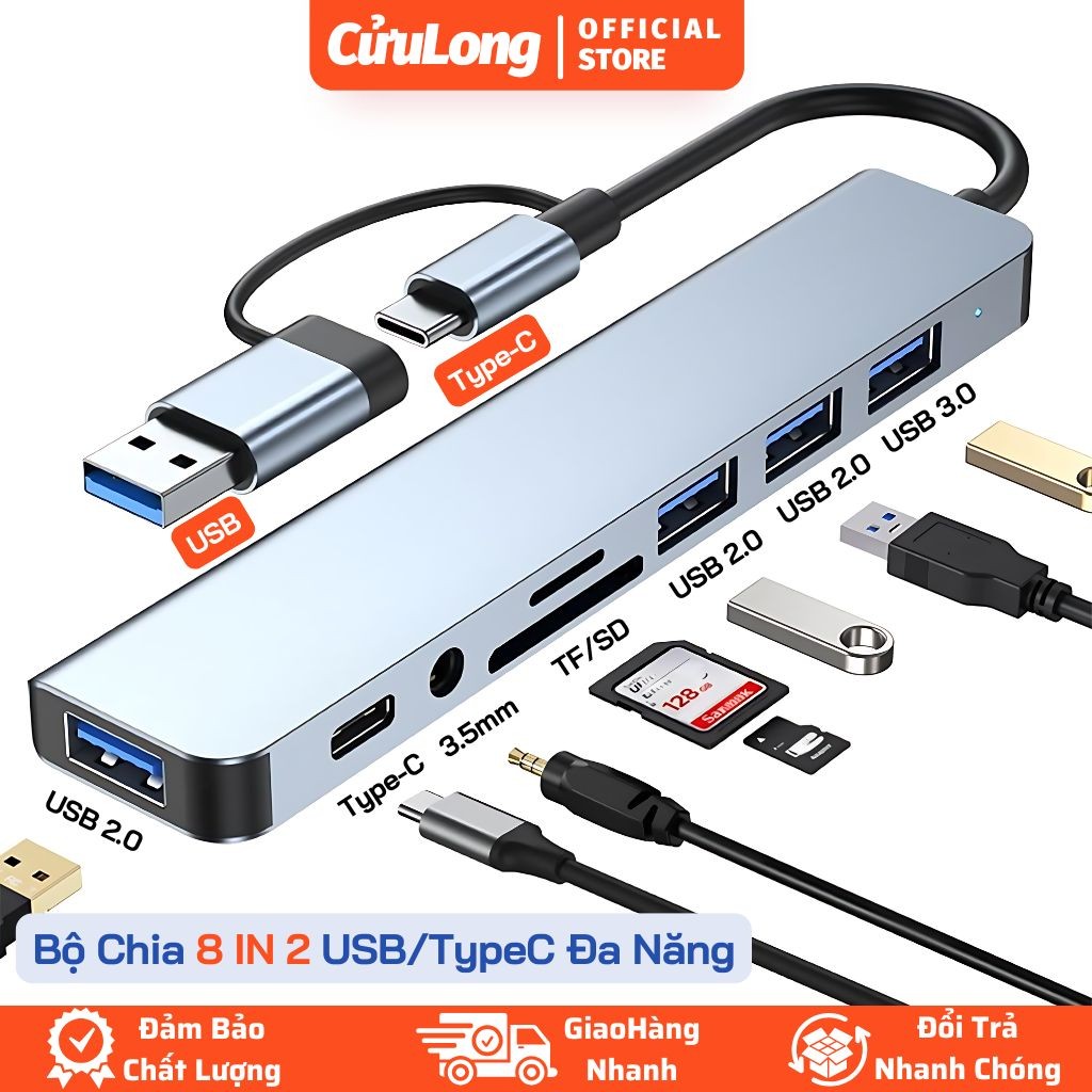 Hub Chuyển Đổi Type C 8IN2 Đa Năng, Cổng Chia USB 3.0, Đọc Thẻ Nhớ cho Máy tính Laptop Điện Thoại