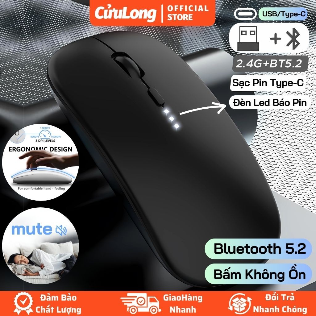 Chuột Silent Không Dây Không Tiếng Ồn - Chuột Bluetooth Sạc Pin Type C Laptop Máy Tính Điện Thoại