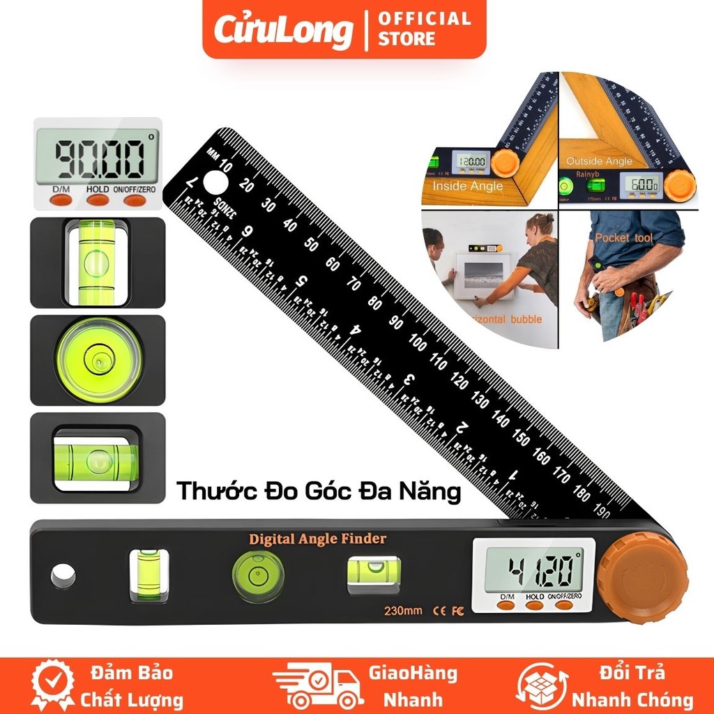 Thước Ke Góc Đa Năng Đo Góc Vuông 360 Độ 4 Trong 1 Kỹ Thuật Số, Có Thước Thủy Cân Bằng Giọt Nước