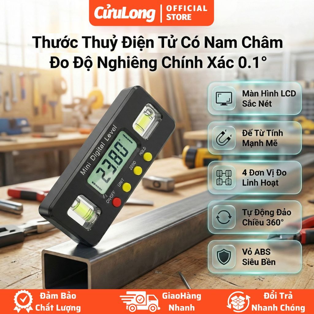 Thước Thuỷ Có Nam Châm 360 Độ Chính Xác 0.1° - Nivo Điện Tử Kỹ Thuật Số Mini Đo Góc Nghiêng Độ Dốc