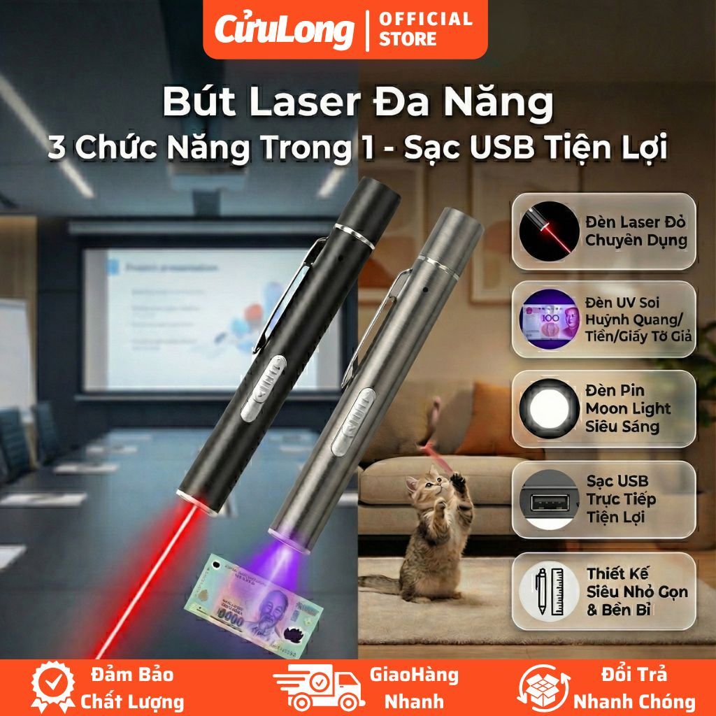 Bút Chiếu Laser Đa Năng 4in1 - Đèn Pin Nhỏ Mini Soi Tiền Giả, Lấy Dáy Tai, Laze Đỏ Trêu Mèo Sạc Pin