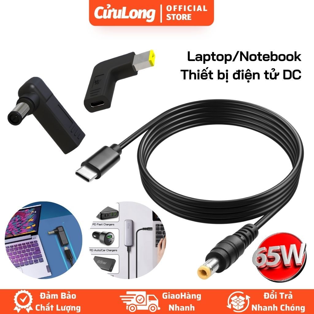 Sạc Laptop HP Máy Tính Dell Lenovo 65W Adapter Chân Nhỏ Tròn Đầu Chuyển Dây Sạc Type C Đa Năng