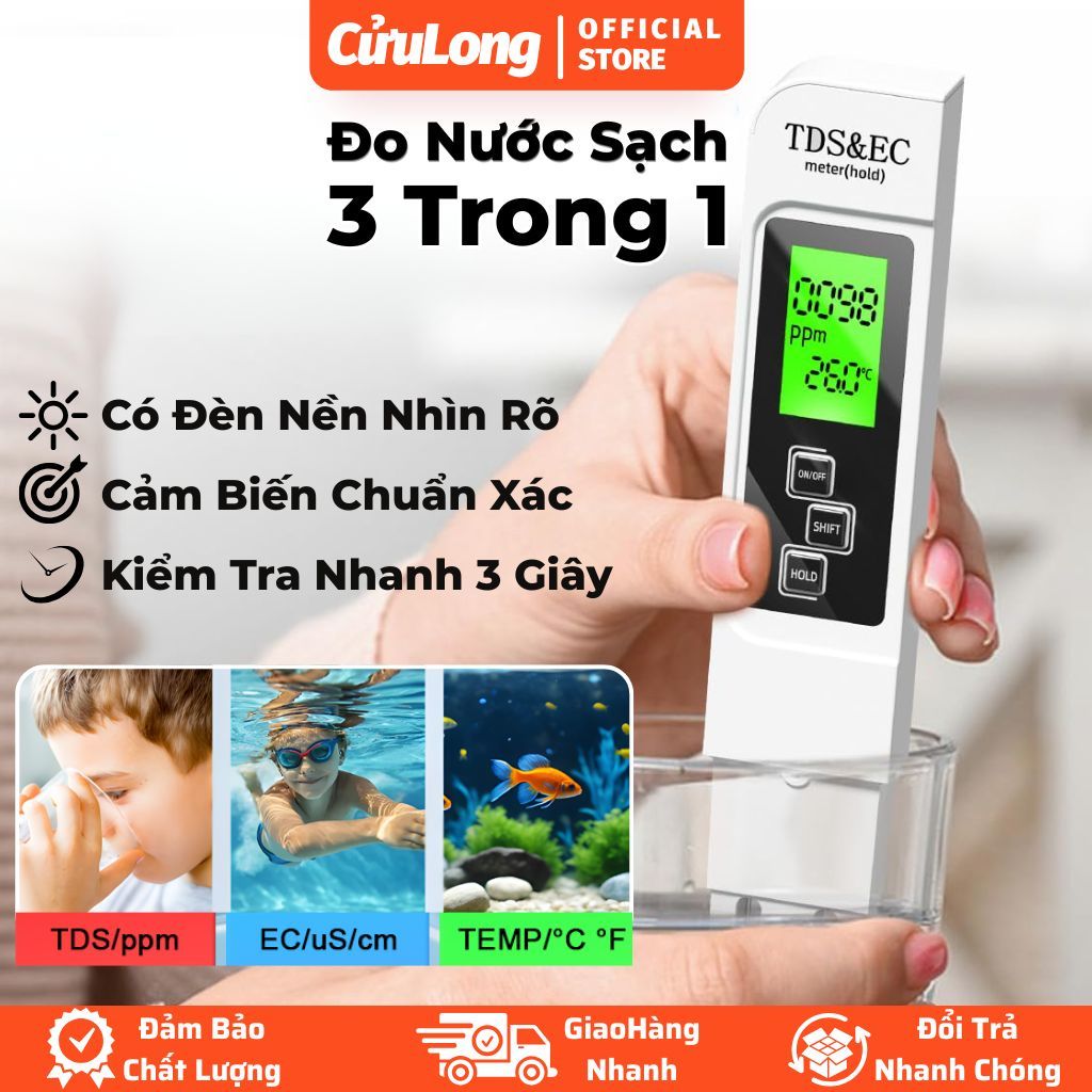 Bút Thử Nước Sạch TDS EC 3 Trong 1 Đo Chất Lượng Nước - Máy đo nước sạch cao cấp kiểm tra nước lọc