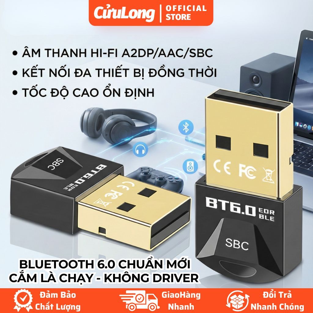 USB Bluetooth 6.0 Cho PC Laptop Kết Nối 5 Thiết Bị Đồng Thời Với Tai Nghe Loa Tay Cầm Chuột Bàn Phím
